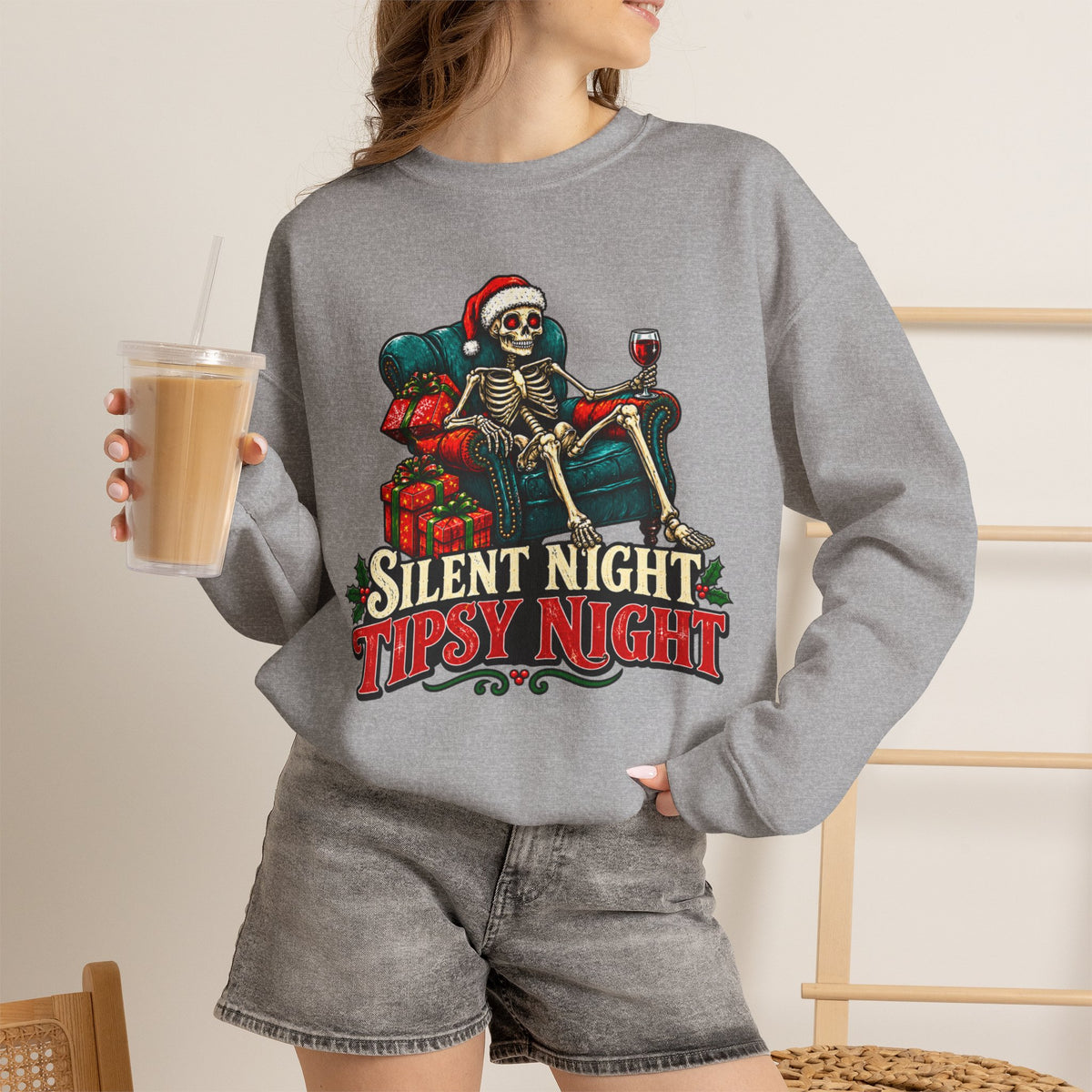 Christmas Skeleton Sweatshirt, Silent Night Tipsy Night Shirt, Funny Skeleton Santa Wine Sweatshirt, Skeleton Christmas Shirt, Holiday Tee