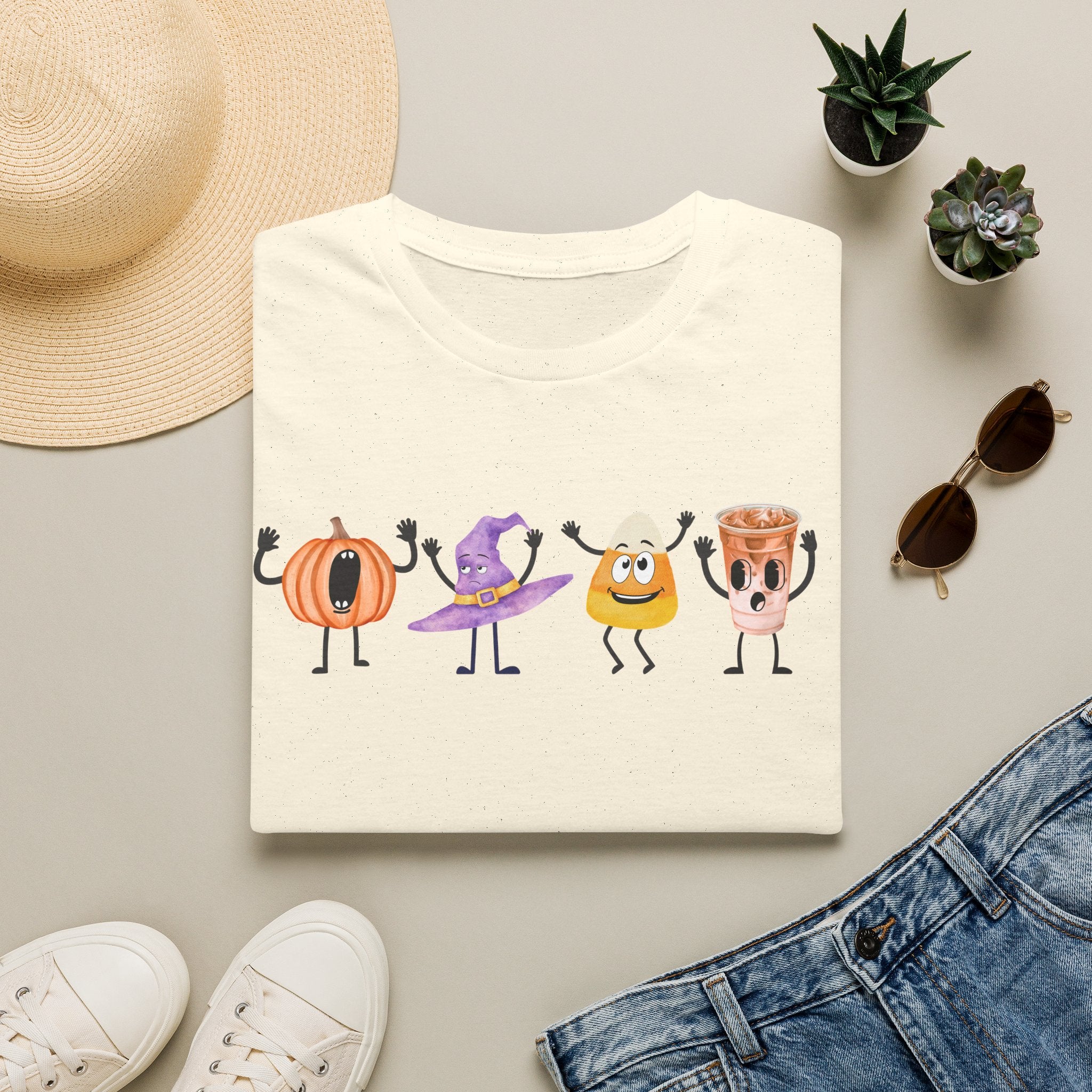 Halloween Women T-shirt Dancing Pumpkin Candy Corn Witch Hat Iced Coffee Crewneck Fall Fun Cute Halloween Party Shirt Gift