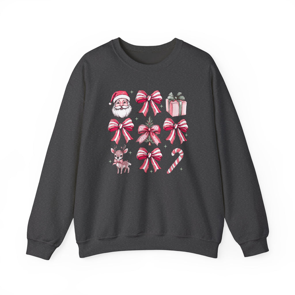 Pink Christmas bows and icons Crewneck Sweatshirt | Santa, reindeer, candy cane