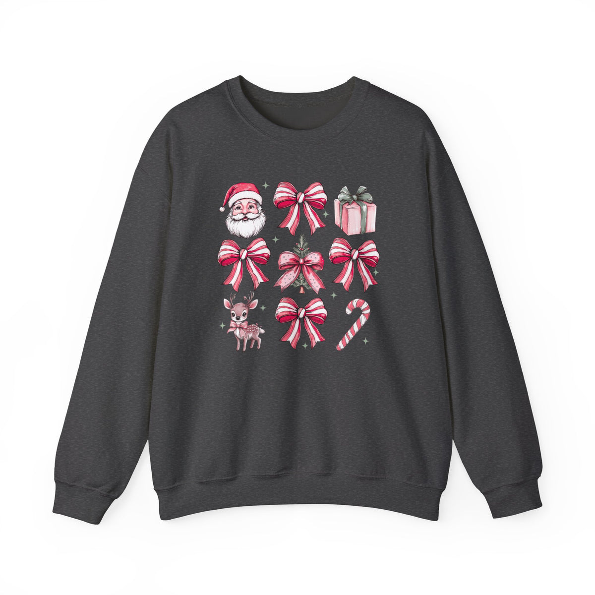Pink Christmas bows and icons Crewneck Sweatshirt | Santa, reindeer, candy cane