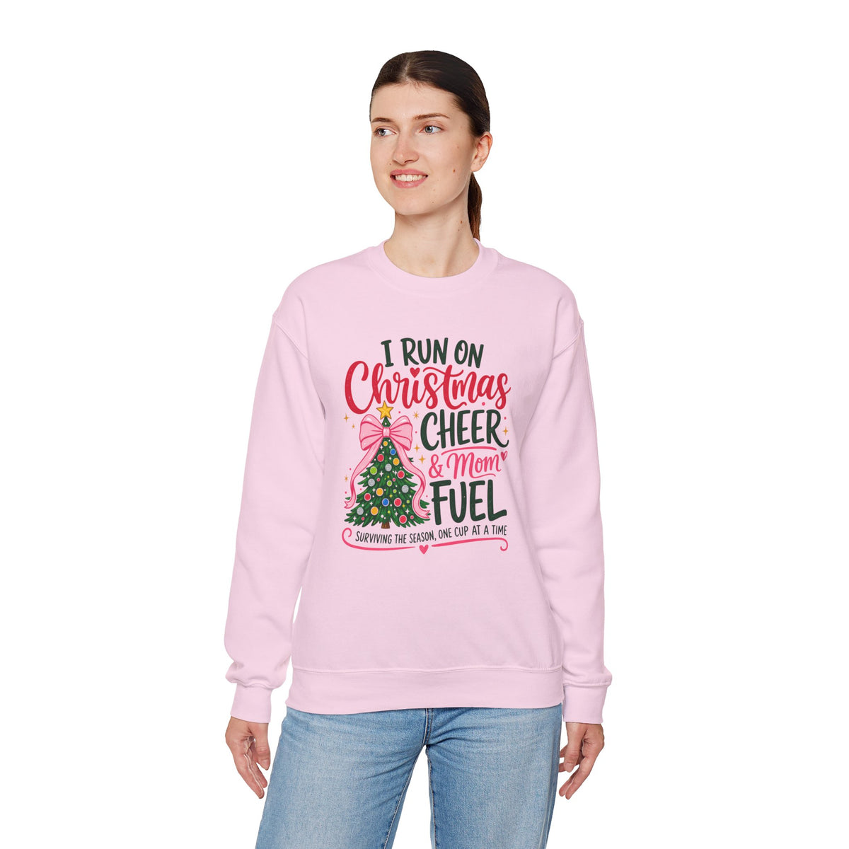 Christmas Mom Sweatshirt, I Run On Christmas Cheer And Mom Fuel, Funny Holiday Shirt, Coffee Lover Mom Gift, Xmas Tree Crewneck