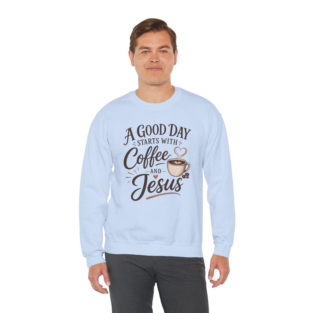 A Good Day Starts with Coffee and Jesus Shirt, Christian Coffee Sweatshirt, Faith Based Top, Religious Coffee Lover Gift, Women's Christian