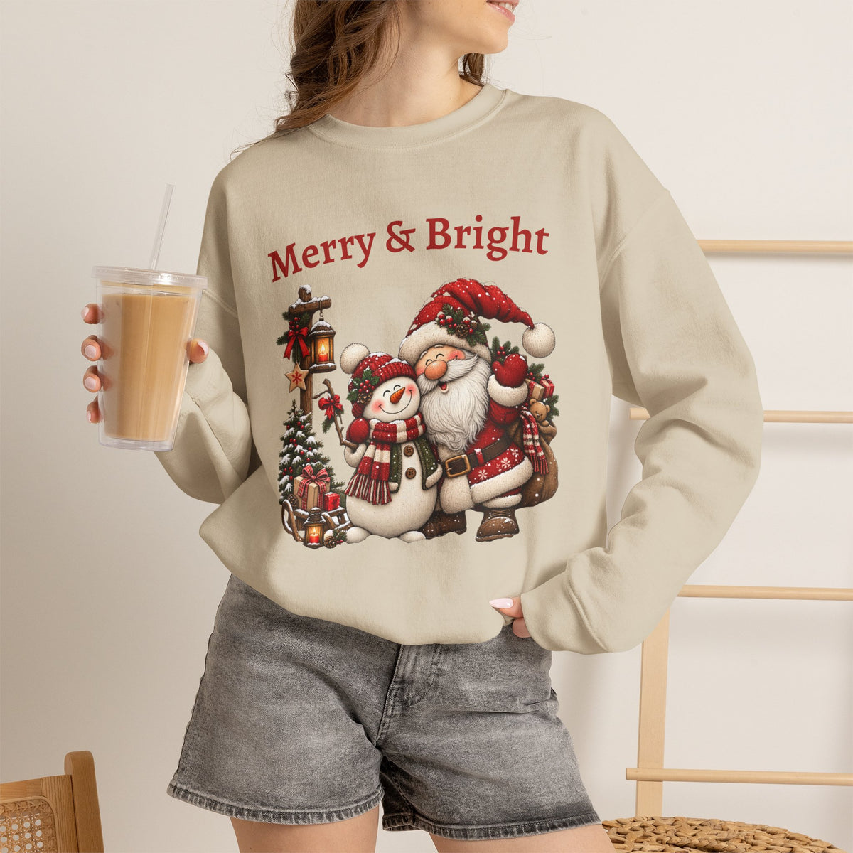 Merry & Bright Sweatshirt, Santa Snowman Christmas Shirt, Vintage Holiday Crewneck, Festive Christmas Tee, Xmas Gift Sweatshirt for Her