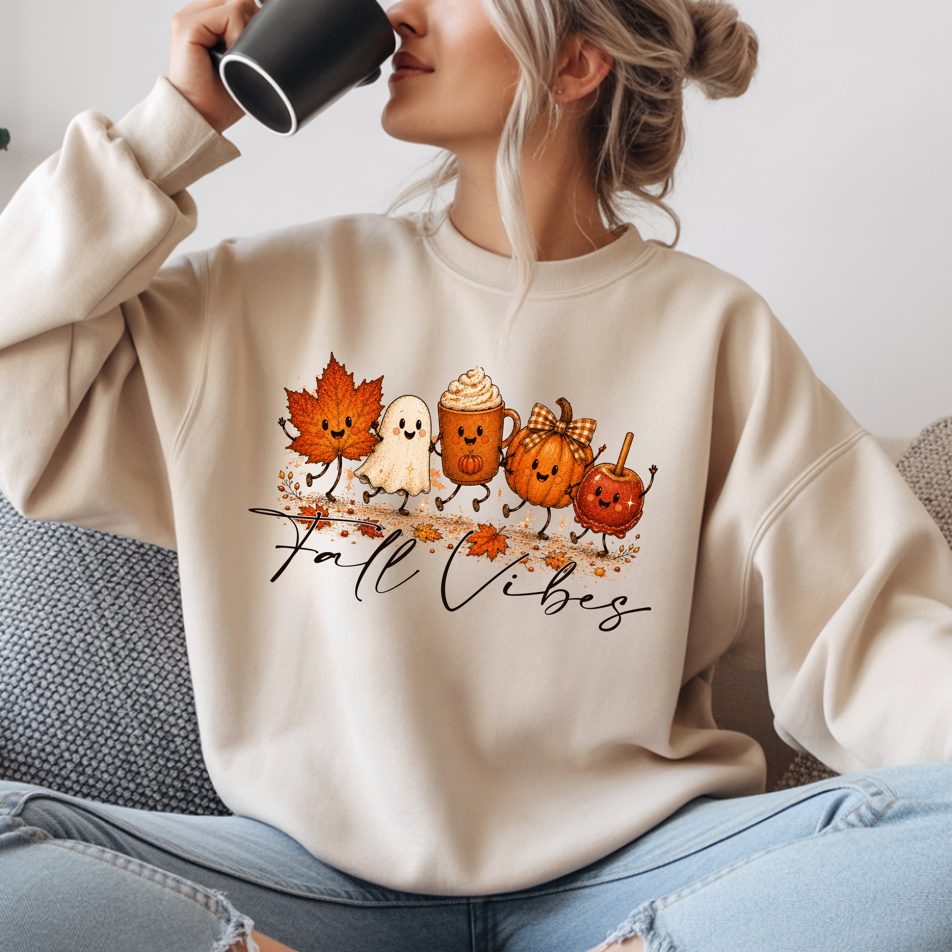 Fall Vibes Sweatshirt, Cute Autumn Characters Crewneck, Pumpkin Spice Latte Ghost Leaf Sweater, Kawaii Fall Shirt, Halloween Autumn Top