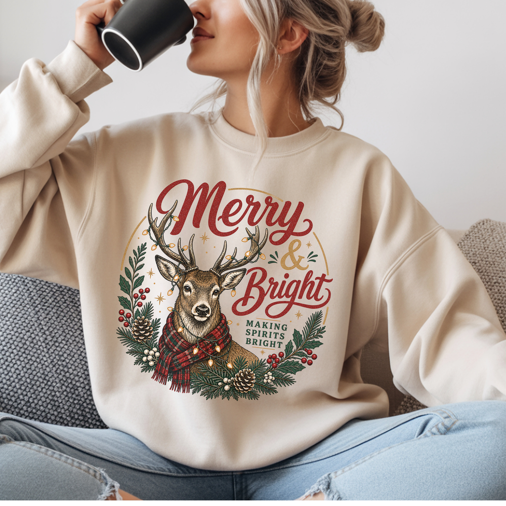 Merry & Bright Deer Sweatshirt, Christmas Reindeer Crewneck, Making Spirits Bright Shirt, Plaid Scarf Deer Sweater, Xmas Gift for Her