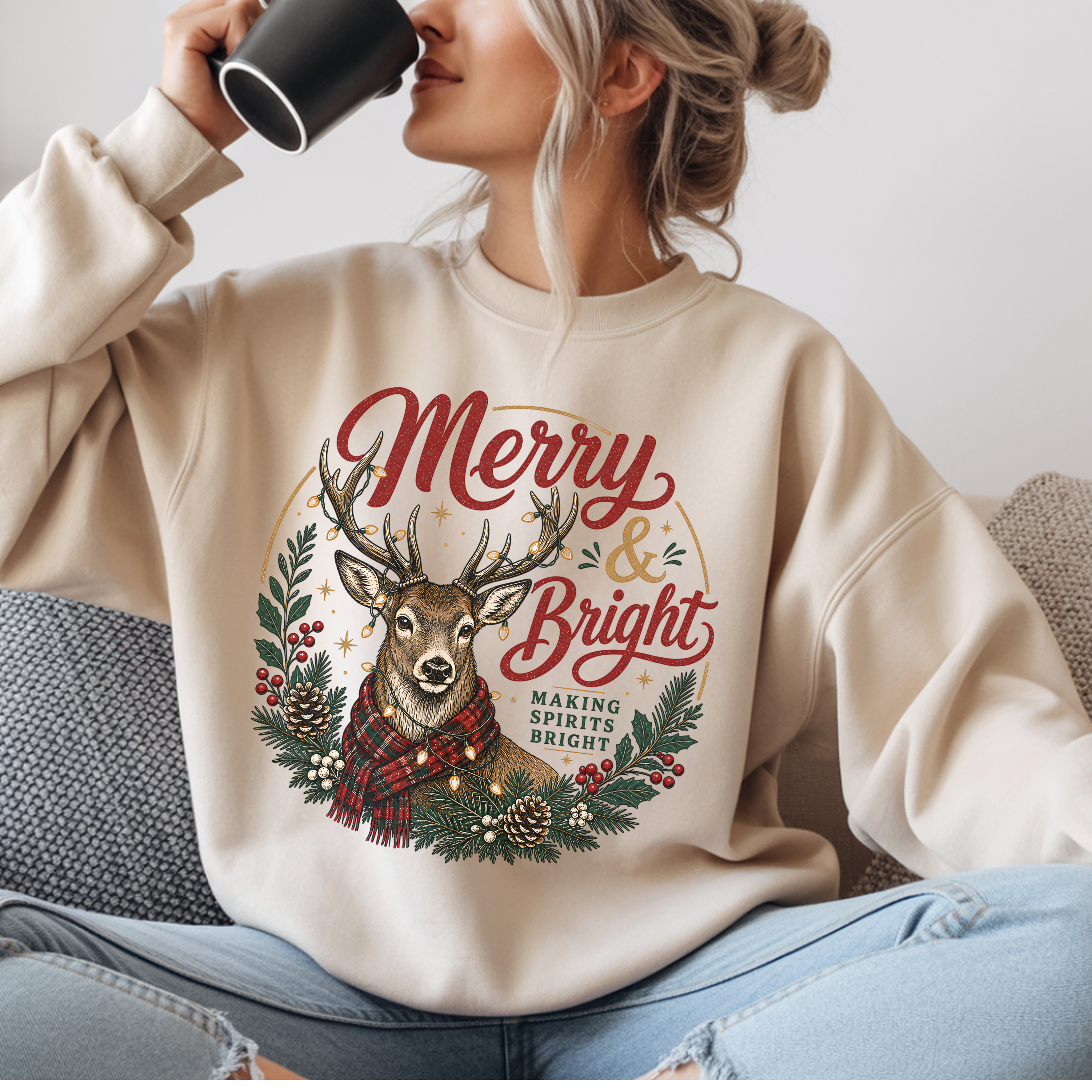 Merry & Bright Deer Sweatshirt, Christmas Reindeer Crewneck, Making Spirits Bright Shirt, Plaid Scarf Deer Sweater, Xmas Gift for Her