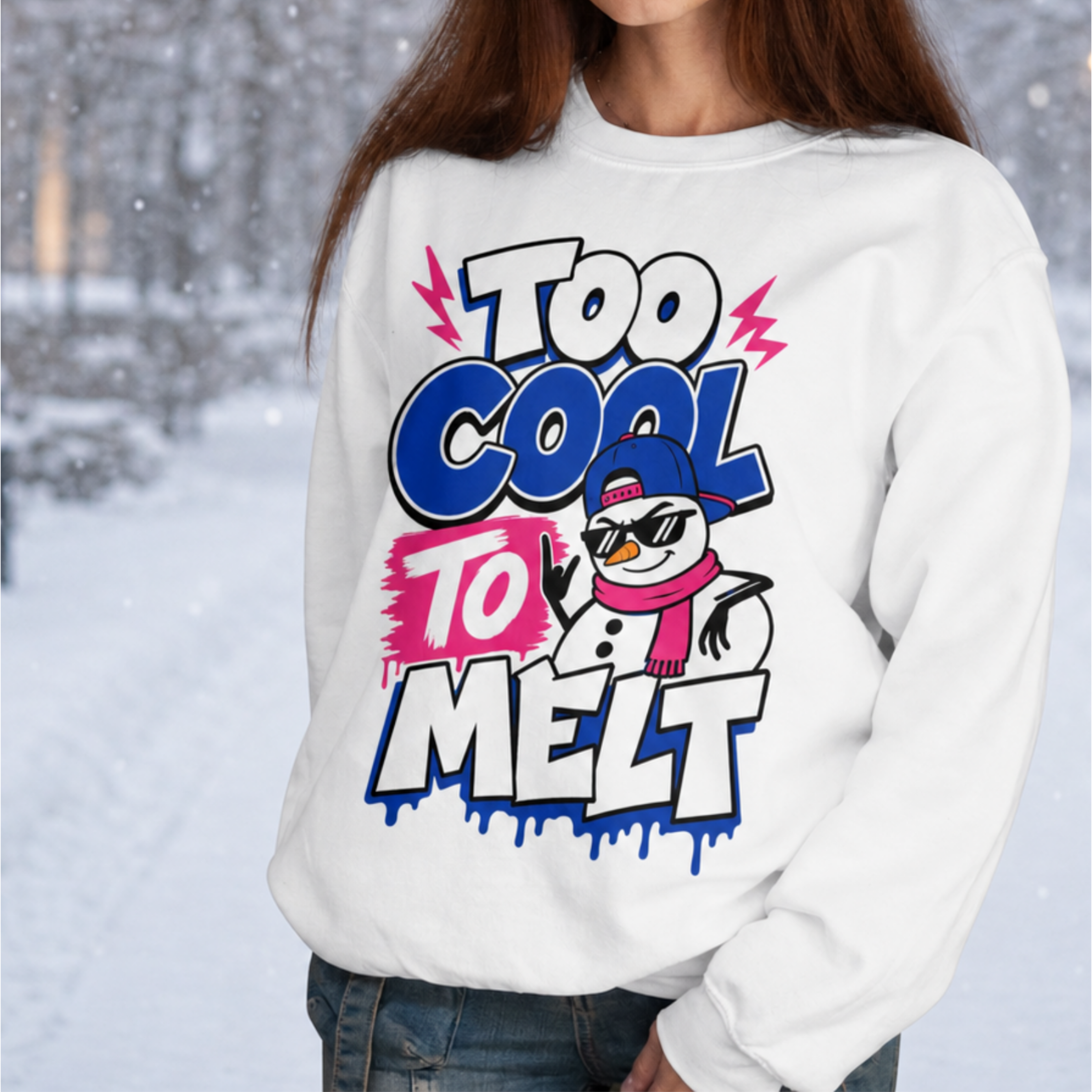 Too Cool To Melt Sweatshirt, Funny Snowman Christmas Sweatshirt, Retro Winter Graphic Crewneck, Cute Holiday Sweatshirt Gift for Her Him