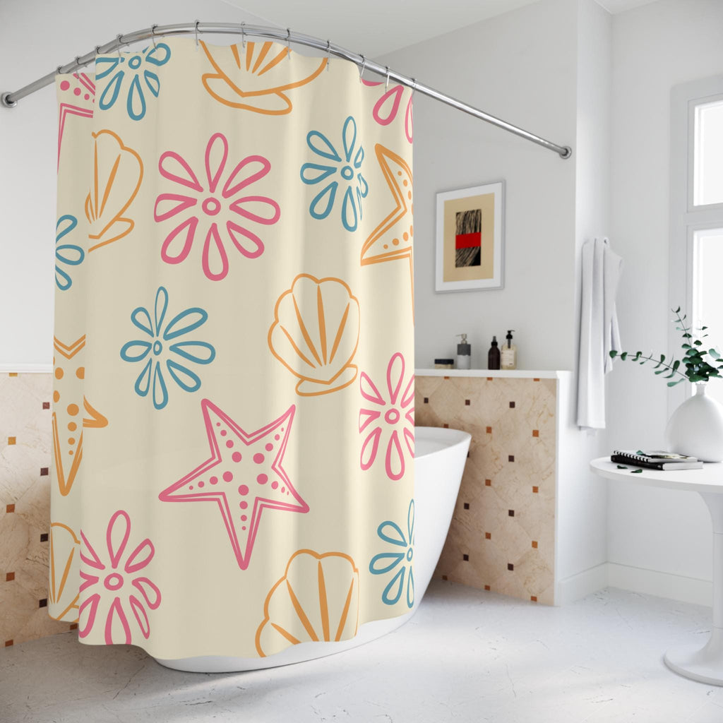 Sea Shells and Starfish Shower Curtain Beach Floral Pattern, New Home Gift Deco, Vacation Beach or Lake Home Deco, Graphic Curtain Bathroom