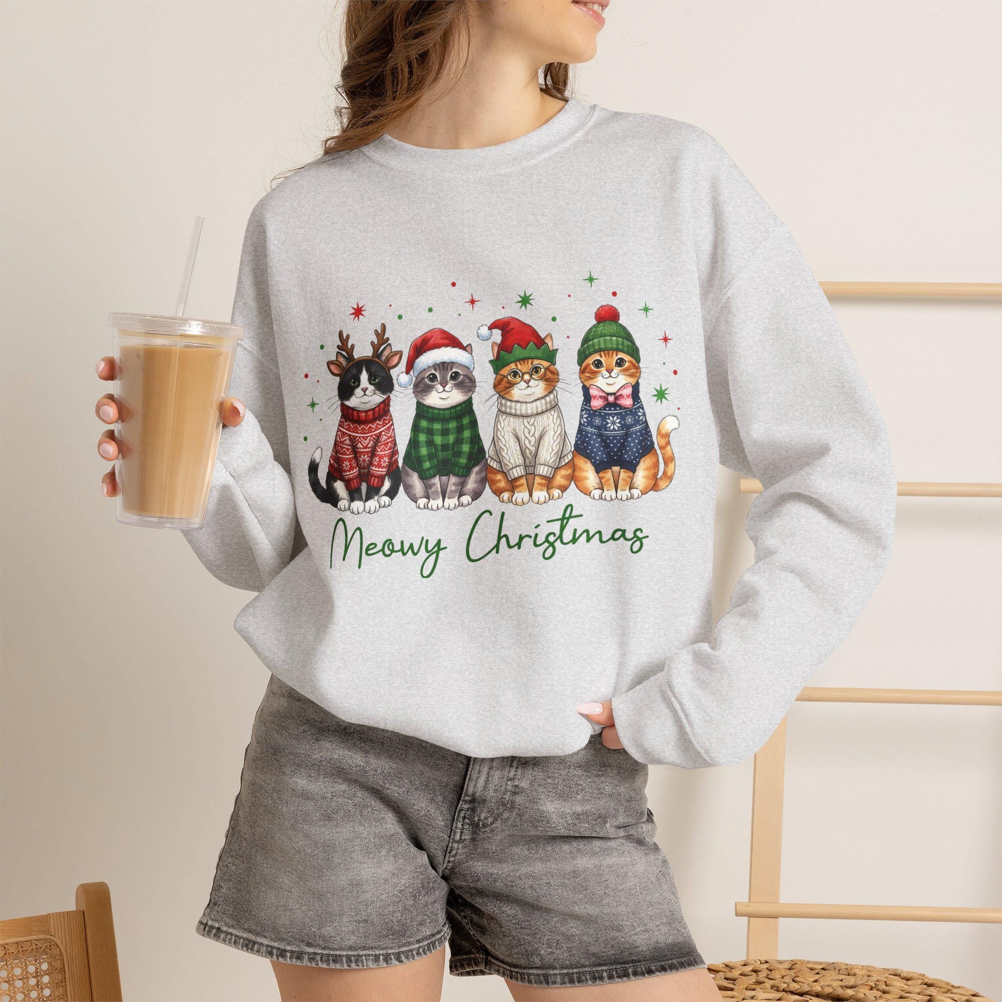 Meowy Christmas Sweatshirt, Funny Cat Christmas Sweater, Cat Mom Holiday Shirt, Christmas Cat Crewneck, Cute Cat Lover Gift, Xmas Sweatshirt