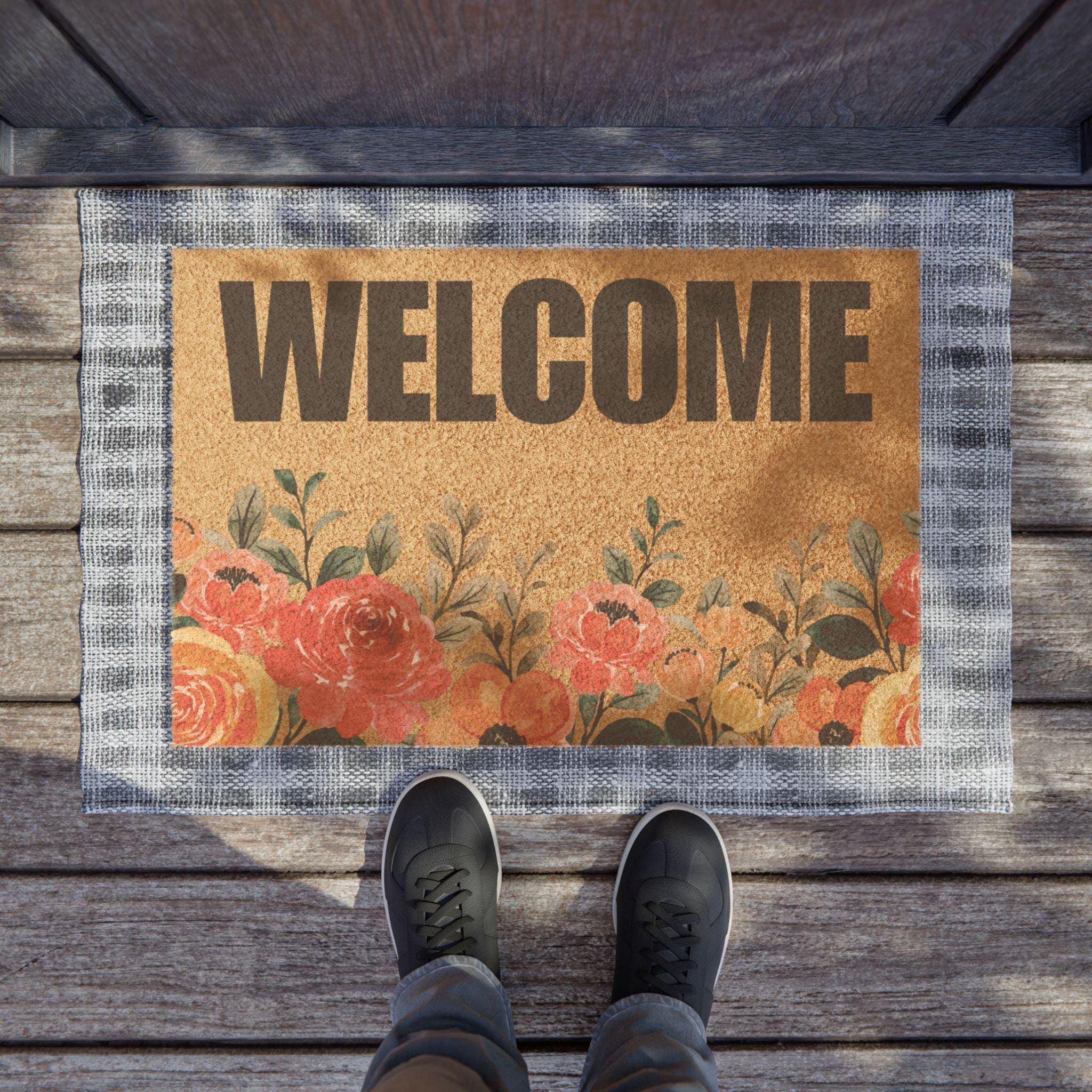 Floral Welcome Doormat | Rustic Coir Entrance Mat, Outdoor Porch Decor