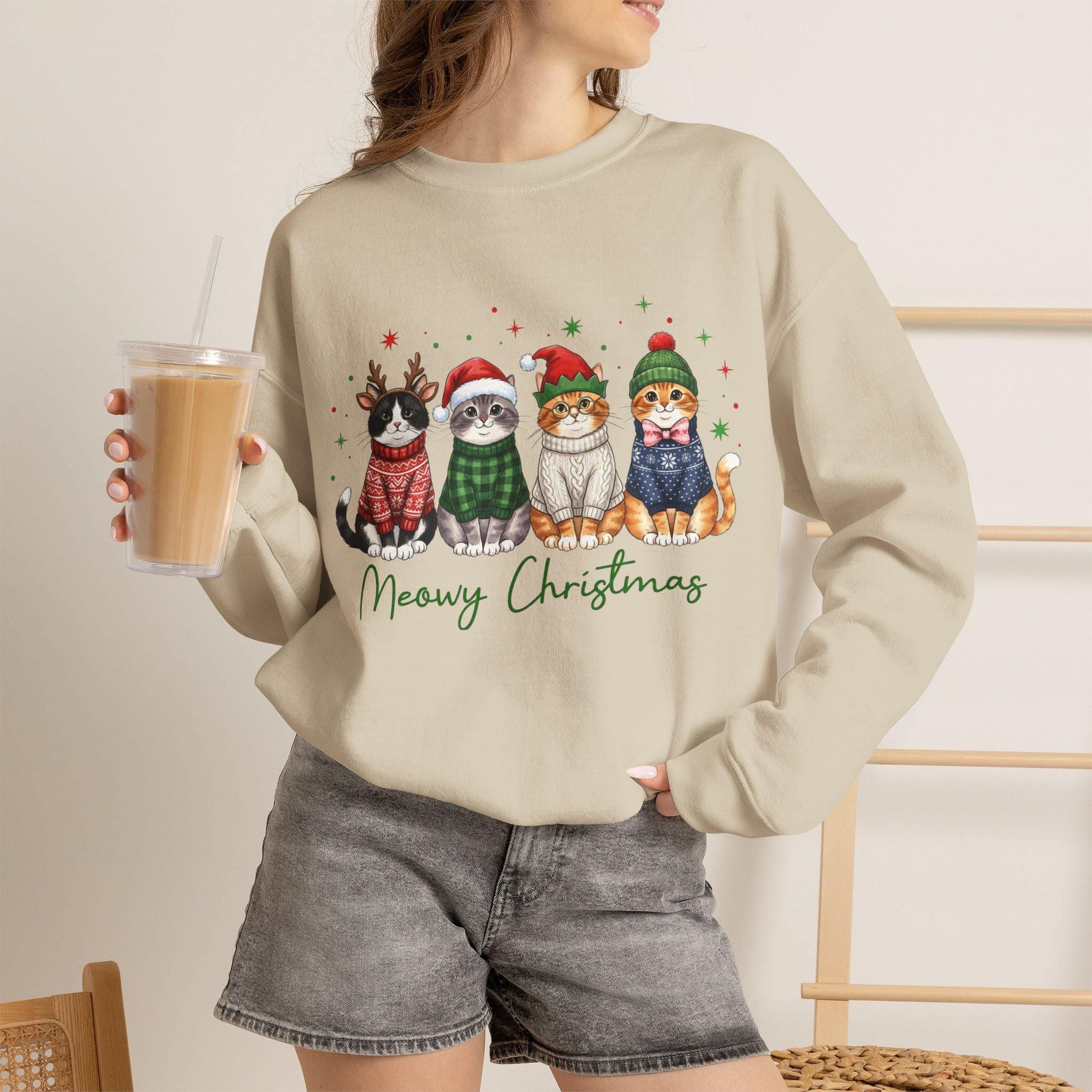 Meowy Christmas Sweatshirt, Funny Cat Christmas Sweater, Cat Mom Holiday Shirt, Christmas Cat Crewneck, Cute Cat Lover Gift, Xmas Sweatshirt