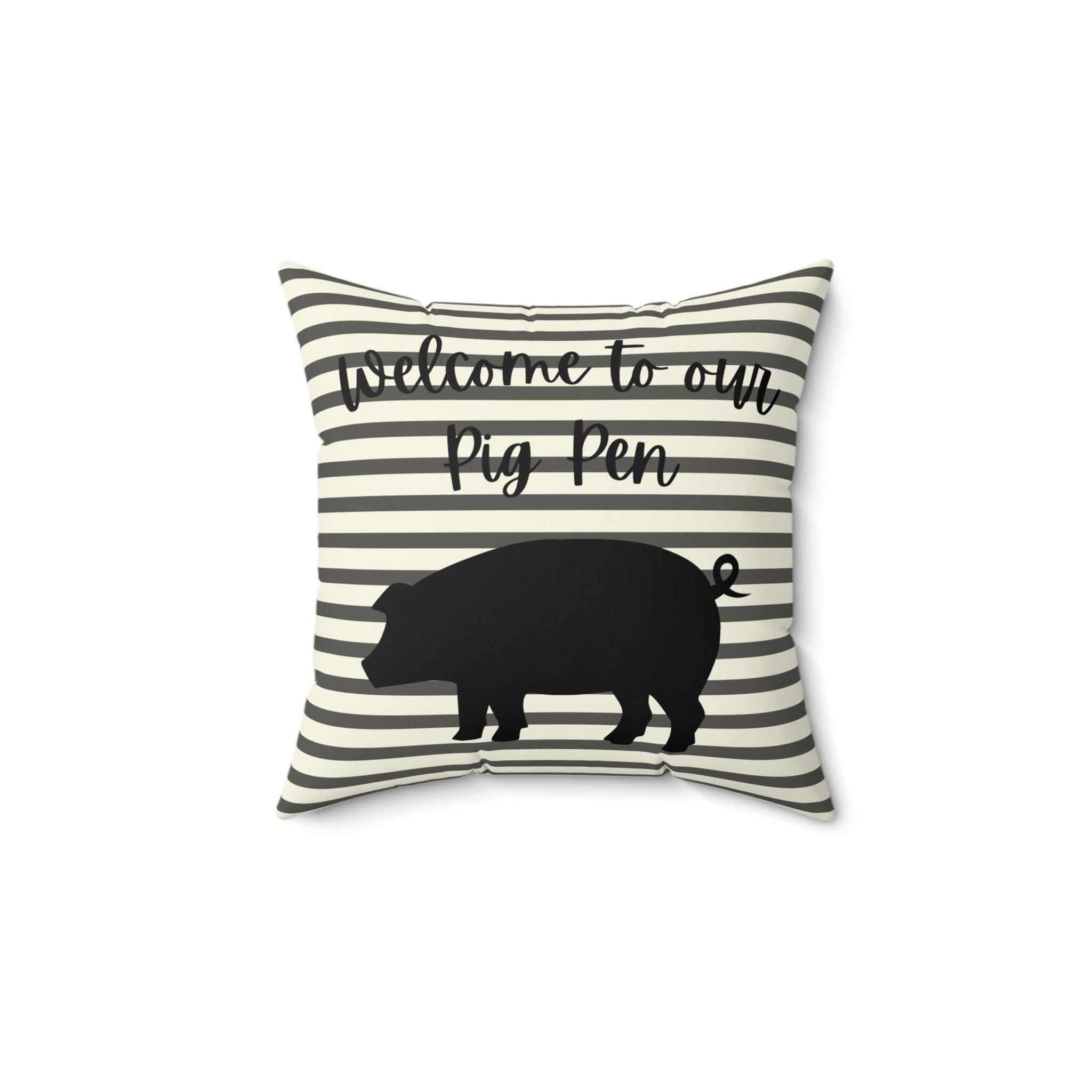 Farmhouse Pig Silhouette Pillow, Striped Country Cottage Decor